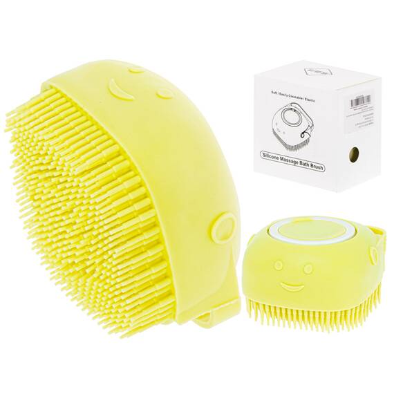 Perie din silicon cu dozator de sampon pentru spalare caini sau pisici, 7,5 x 7,5 cm, culoare galben - - Roveli