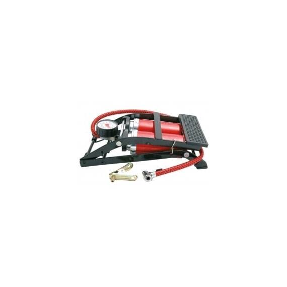 Pompa aer auto Carpoint de picior dubla cu 2 cilindri si manometru , 7 bar 100psi, model Rosu - - Roveli