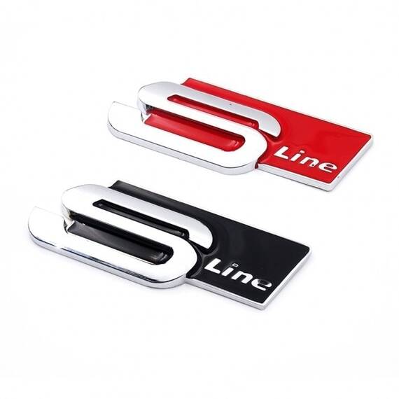 Emblema metalica auto S-Line BLACK (reliefata 3D) - cu SUPORT METALIC de montaj - - Roveli
