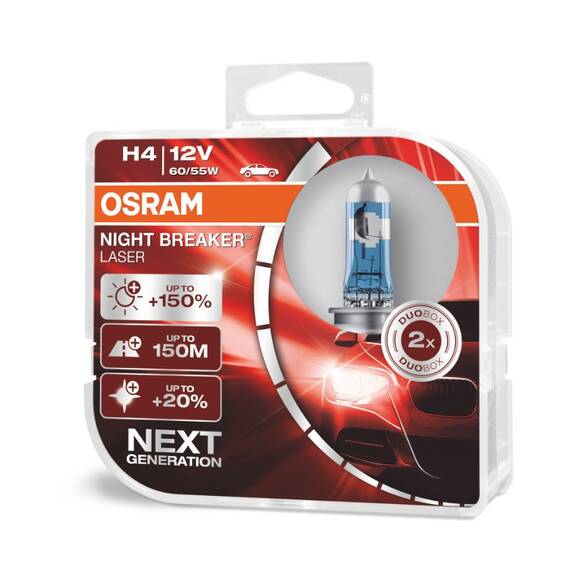 Set 2 becuri auto cu halogen Osram H4 12V 60/55W P43t Night Breaker Laser +150% - - Roveli