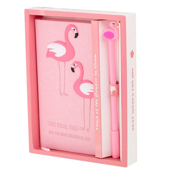 Set Cadou pentru Copii, Caiet cu Flamingo finisat cu piele ecologica + Pix cu Flamingo - - Roveli