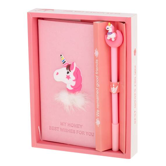 Set Cadou pentru Copii, Caiet cu Unicorn finisat cu piele ecologica + Pix cu Unicorn - - Roveli