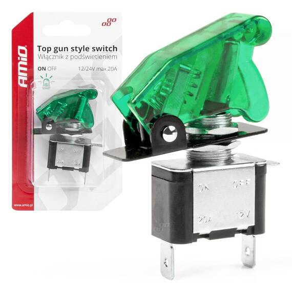 Comutator iluminat (intrerupator) cu protectie, destinatie auto, moto, ATV, SSV, Off-Road, model "TOP GUN", tensiune 12V - 24V, culoare Verde - - Roveli