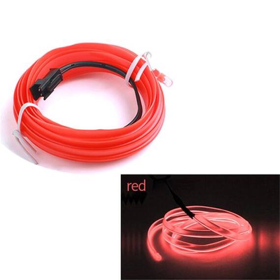 Fir Neon Auto "EL Wire" culoare Rosie, lungime 2M, alimentare 12V, droser inclus - - Roveli