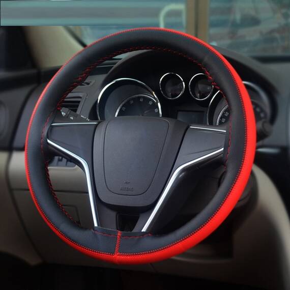 Husa volan din PIELE NATURALA NEAGRA CU DUNGA ROSIE, pentru autoturisme, diametru 37 - 39 cm, cu ac si ata (se coase, aspect ORIGINAL) - - Roveli