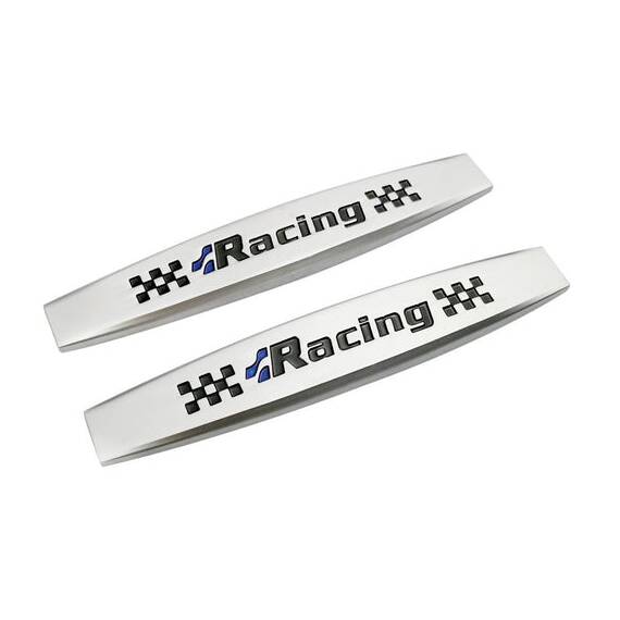 Set 2 x Embleme auto metalice, autoadezive, model "RACING", finisaj Crom, dimensiune, 10 x 1,5 cm - - Roveli