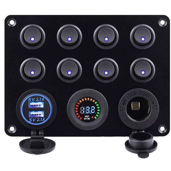 Panou intrerupatoare: Priza, Voltmetru, 8 Intrerupatoare si USB  SPA40 12V 20A - - Roveli