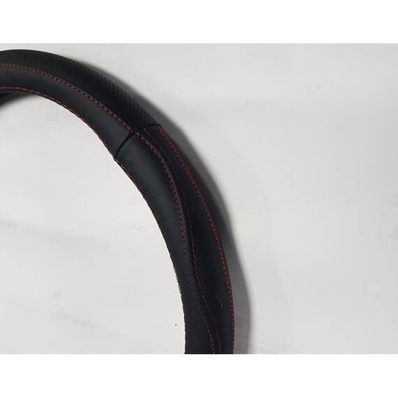 Husa Volan piele calitate PREMIUM -  Culoare :Neagra / Cusatura rosie, Universala - - Roveli