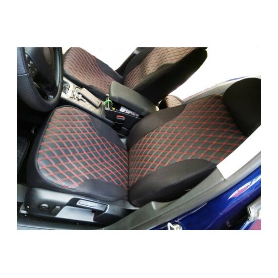 Huse auto compatibile Logan I  2004-2012 nefractionat MATERIAL ROMB - Negru cusatura Rosie - - Roveli