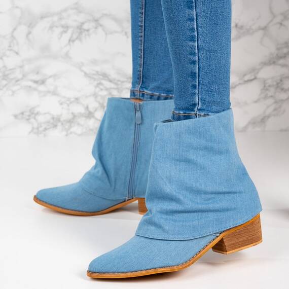Botine dama cu toc patrat din textil Albastre Chiara, Culoare (12): Albastru, Marime (12): 37 - - Roveli
