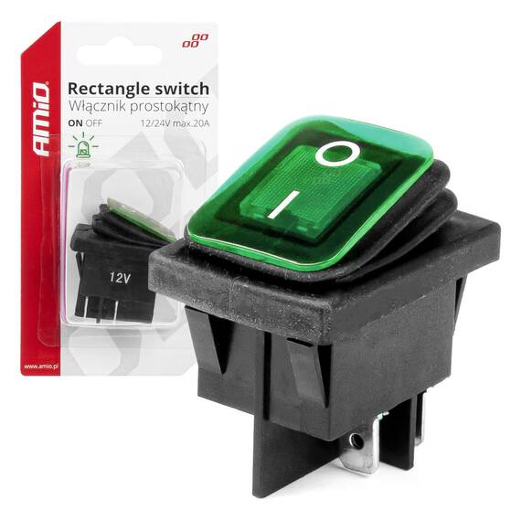 Intrerupator On/Off, 12/24V, dreptunghiular, waterproof, iluminat culoare Verde, destinatie auto, utilitare, Off-Road, ATV, SSV, QUAD - - Roveli