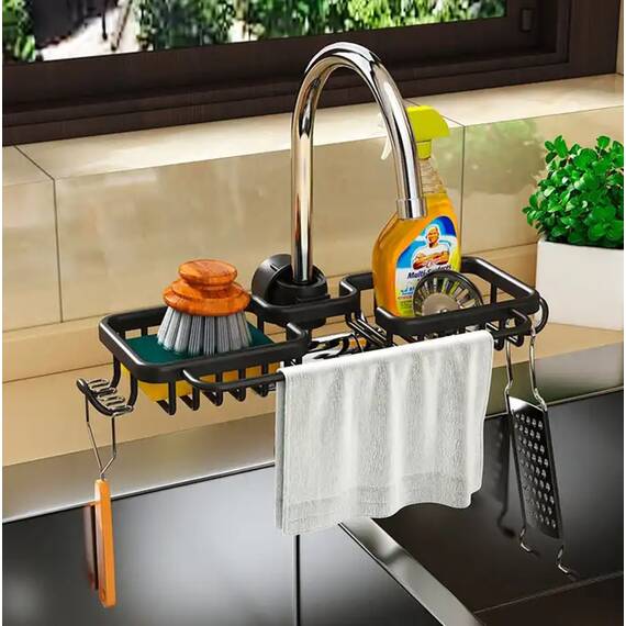 Raft organizator dublu, universal pentru bucatarie sau baie, montaj pe robinet, material otel, culoare Neagra - - Roveli