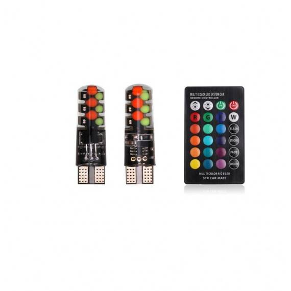 Set 2 x becuri auto colorate pozitie T10, telecomanda, 12V, 6LED - - Roveli