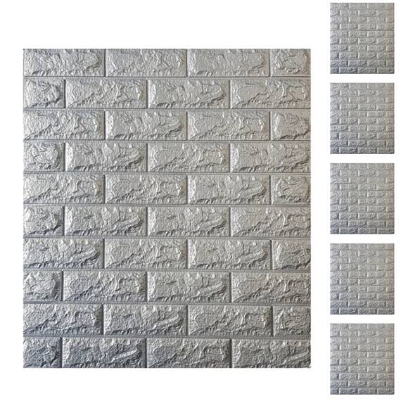 Set 6 x Tapet 3D autoadeziv, model caramida in relief, gri - - Roveli