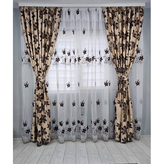 SET Perdea si Draperie la comanda Model FLORAL, CREM/MARO - - Roveli