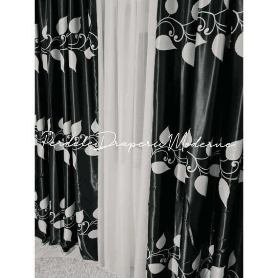 Draperie BLACKOUT moderna, materiale de calitate, marime la comanda, culoare NEGRU, FRUNZE GRI - 3- Roveli