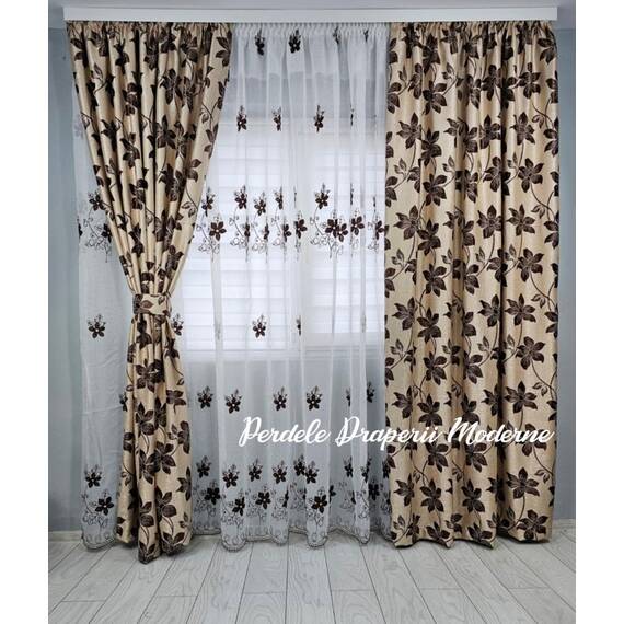 SET Perdea si Draperie la comanda Model FLORAL, CREM/MARO - 2- Roveli