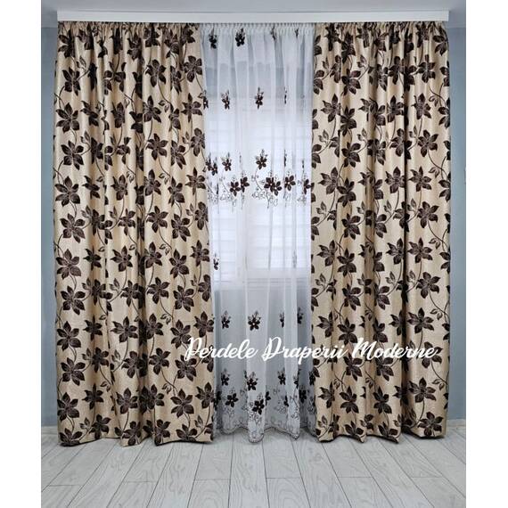 SET Perdea si Draperie la comanda Model FLORAL, CREM/MARO - 3- Roveli