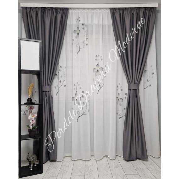 SET Perdea si Draperie la comanda Model MĂTASE PICTATĂ, GRI - - Roveli