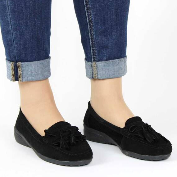 Mocasini de dama, din piele naturala, accesorizati cu ciucuri, negri 881-1-BLACK, Marime (12): 38 - 3- Roveli