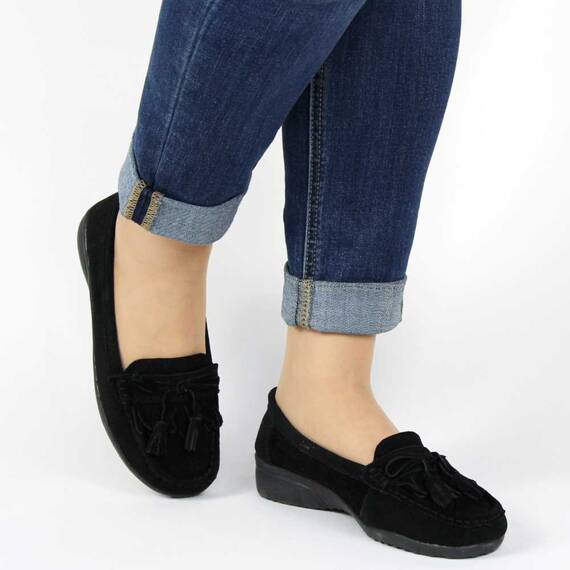 Mocasini de dama, din piele naturala, accesorizati cu ciucuri, negri 881-1-BLACK, Marime (12): 38 - 4- Roveli