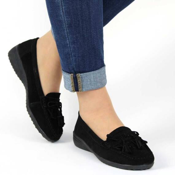 Mocasini de dama, din piele naturala, accesorizati cu ciucuri, negri 881-1-BLACK, Marime (12): 38 - 5- Roveli