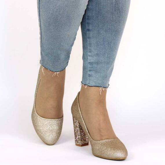 ​Pantofi dama eleganti cu toc gros, aurii  9998-GOLD, Marime (12): 35 - 4- Roveli