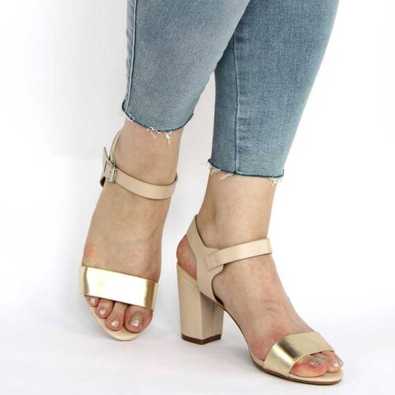 ​Sandale de dama bej cu toc gros si bareta aurie M-31-BEIGE, Marime (12): 37* - 4- Roveli