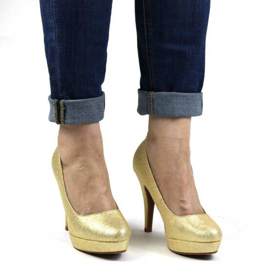 Pantofi eleganti de dama cu platforma,toc inalt si varf rotunjit A8-6-GOLD, Marime (12): 40 - 3- Roveli
