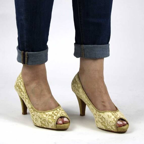 Pantofi de dama eleganti cu platforma, din dantela si insertii aurii​ A7-11-GOLD, Marime (12): 40 - 3- Roveli