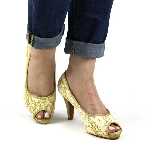 Pantofi de dama eleganti cu platforma, din dantela si insertii aurii​ A7-11-GOLD, Marime (12): 40 - 4- Roveli