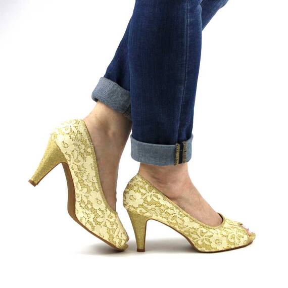 Pantofi de dama eleganti cu platforma, din dantela si insertii aurii​ A7-11-GOLD, Marime (12): 40 - 5- Roveli