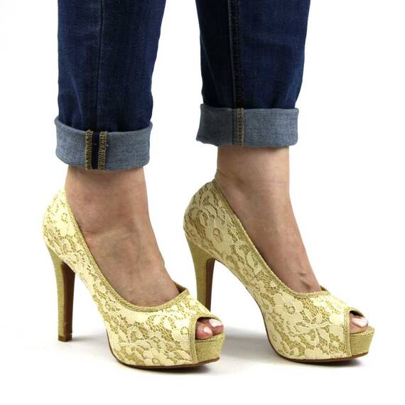 Pantofi eleganti cu platforma de dama ,decupati in varf cu dantela si insertii aurii A20-6-GOLD, Marime (12): 40 - 3- Roveli