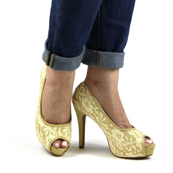 Pantofi eleganti cu platforma de dama ,decupati in varf cu dantela si insertii aurii A20-6-GOLD, Marime (12): 37 - 4- Roveli