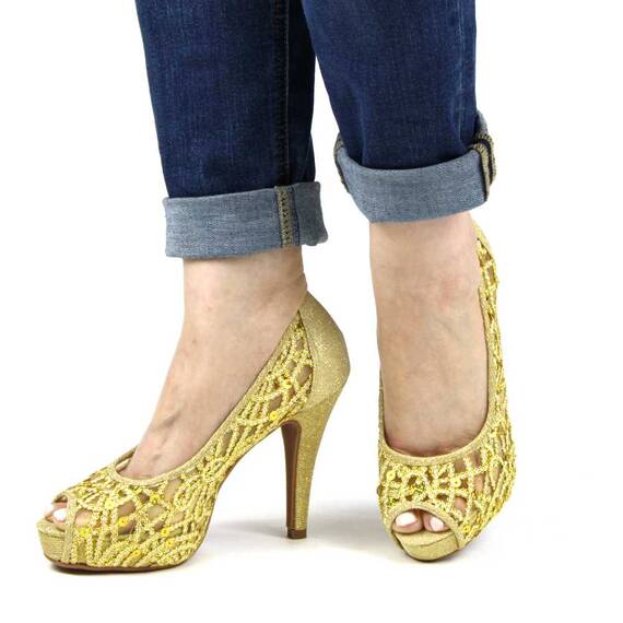 Pantofi de dama eleganti cu platforma si toc inalt, cu paiete si insertii aurii A1281-GOLD, Marime (12): 40 - 2- Roveli
