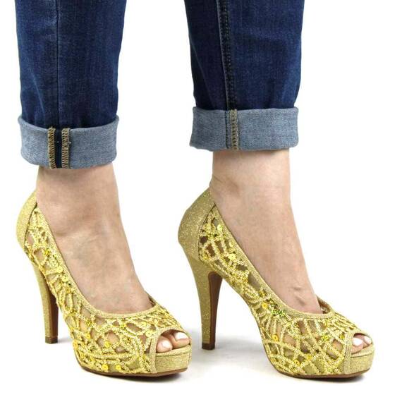 Pantofi de dama eleganti cu platforma si toc inalt, cu paiete si insertii aurii A1281-GOLD, Marime (12): 36 - 3- Roveli