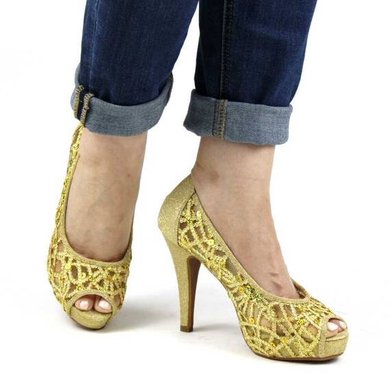 Pantofi de dama eleganti cu platforma si toc inalt, cu paiete si insertii aurii A1281-GOLD, Marime (12): 37 - 4- Roveli