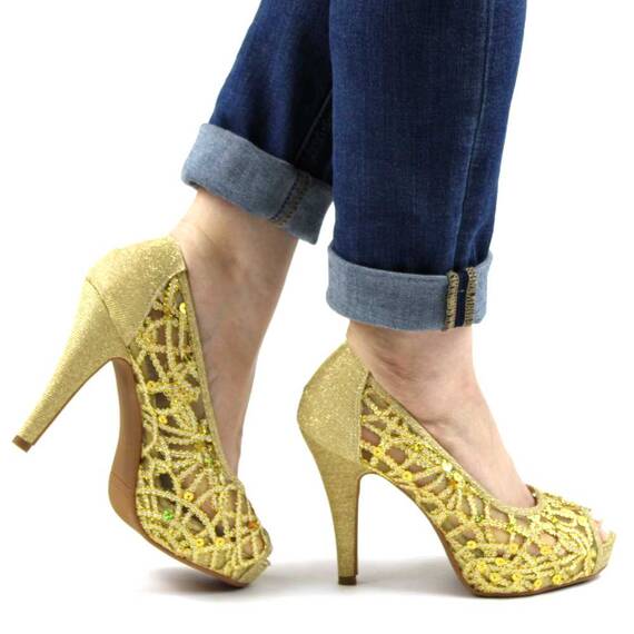 Pantofi de dama eleganti cu platforma si toc inalt, cu paiete si insertii aurii A1281-GOLD, Marime (12): 37 - 5- Roveli