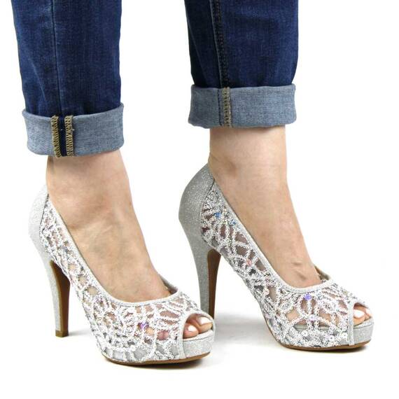 ​Pantofi de dama eleganti cu platforma si toc inalt, cu paiete si insertii argintii A1281-SILVER, Marime (12): 37 - 3- Roveli