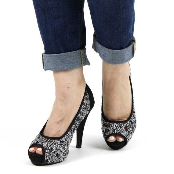 ​Pantofi de dama eleganti cu platforma si toc inalt, cu paiete si insertii stralucitoare A1281-BLACK, Marime (12): 37 - 2- Roveli