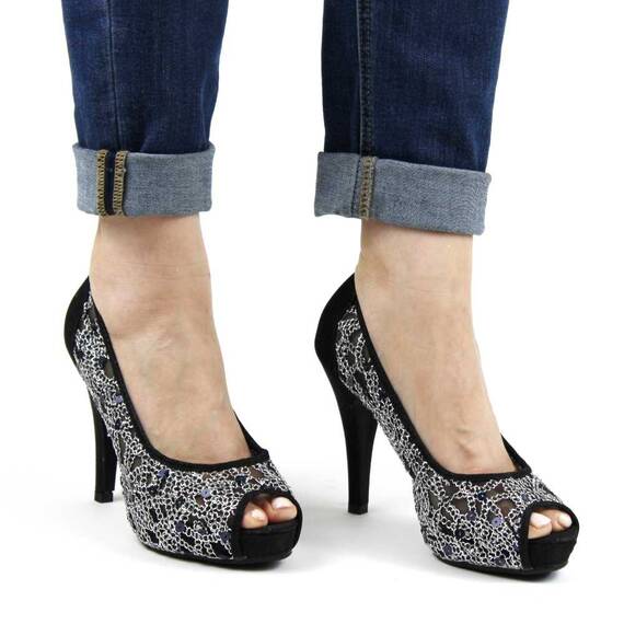 ​Pantofi de dama eleganti cu platforma si toc inalt, cu paiete si insertii stralucitoare A1281-BLACK, Marime (12): 36 - 3- Roveli