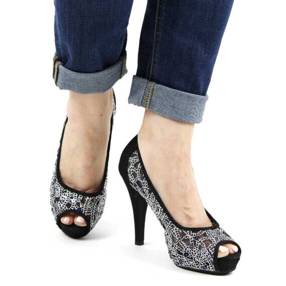 ​Pantofi de dama eleganti cu platforma si toc inalt, cu paiete si insertii stralucitoare A1281-BLACK, Marime (12): 37 - 4- Roveli