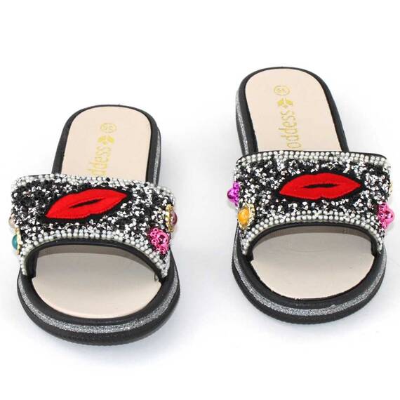 Papuci de dama decorati cu pietre 895-LIPS-BLACK​, Culoare (12): Argintiu, Negru, Rosu, Marime (12): 36 - 4- Roveli