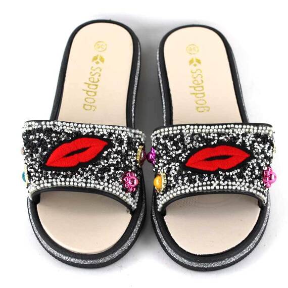 Papuci de dama decorati cu pietre 895-LIPS-BLACK​, Culoare (12): Argintiu, Negru, Rosu, Marime (12): 36 - 2- Roveli
