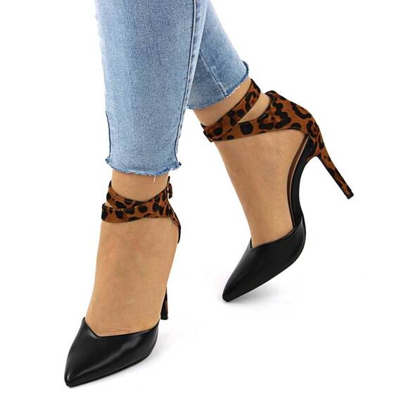 Pantofi de dama stiletto, cu barete pe glezna animal print 8384-BLACK, Culoare (12): Negru, Animal print, Marime (12): 39** - 3- Roveli