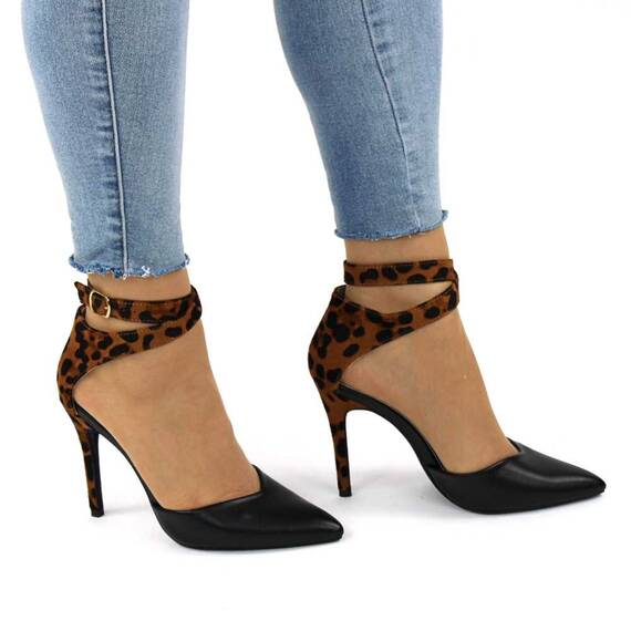 Pantofi de dama stiletto, cu barete pe glezna animal print 8384-BLACK, Culoare (12): Negru, Animal print, Marime (12): 39** - 4- Roveli