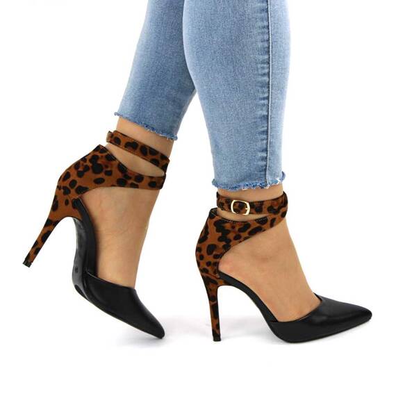Pantofi de dama stiletto, cu barete pe glezna animal print 8384-BLACK, Culoare (12): Negru, Animal print, Marime (12): 39** - 5- Roveli
