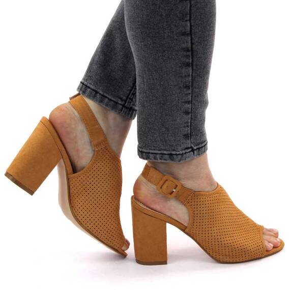 ​Sandale de dama, perforate, cu toc gros si inalt 922-CAMEL, Culoare (12): Camel, Marime (12): 38 - 3- Roveli