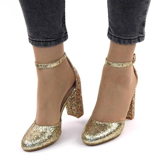 Sandale elegante de dama cu glitter, toc inalt si gros 8681-1-GOLD, Culoare (12): Auriu, Marime (12): 39 - 2- Roveli