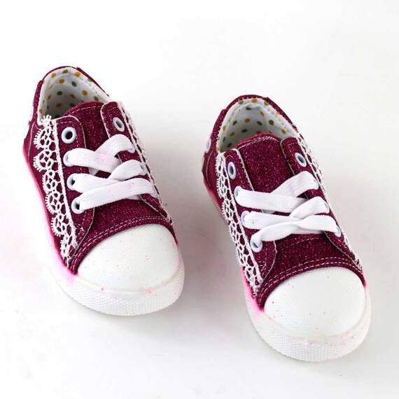 ​Tenisi de copii, ornati cu glitter si danteluta 88-8-FUXIA, Culoare (12): Alb, Fucsia, Marime (12): 34 - 2- Roveli